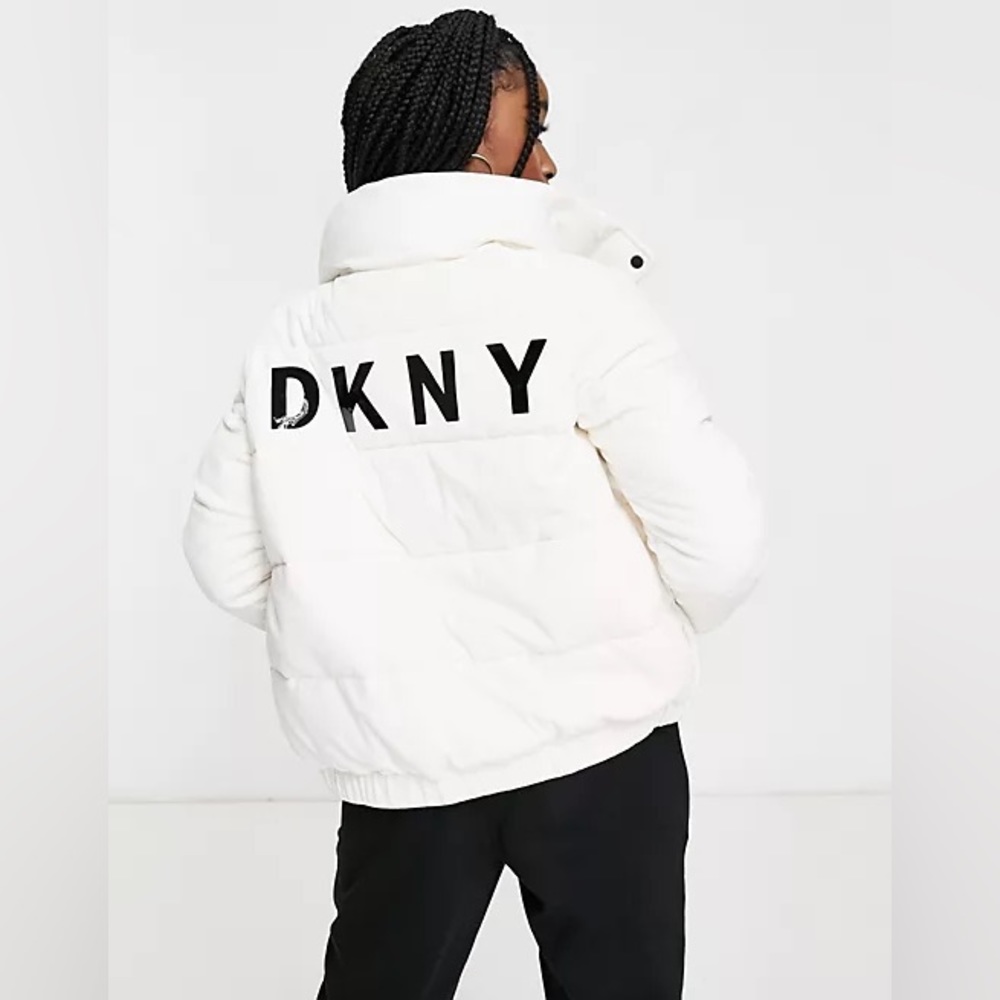 DNKY Velour Logo Puffer Jacket in White
